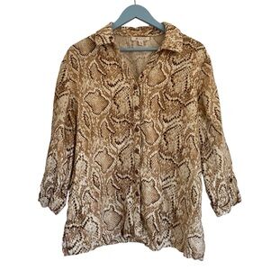JM Collection‎ Tan Brown 100% Linen Snake Print Lightweight Button Shirt Size 16